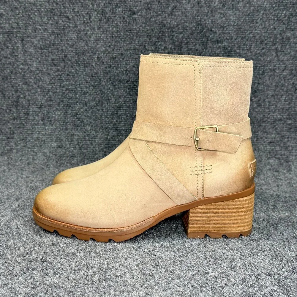 Sorel Cate Buckle Ankle Boots Women's Size 7.5 Sandy Tan Leather Chelsea Booties